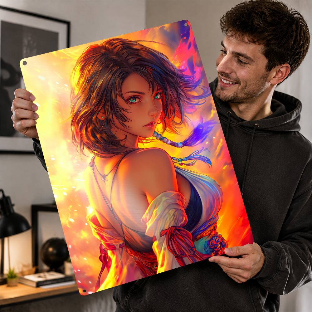 Background Retro Gaming - โปสเตอร์สาวอนิเมะพร้อมพื้นหลังไฟ ป้ายโลหะพิมพ์ลาย 3D สไตล์เรโทร ของตกแต่งผนังแบบกำหนดเอง ของขวัญสำหรับตกแต่งห้องเล่นเกมสำหรับผู้ชาย