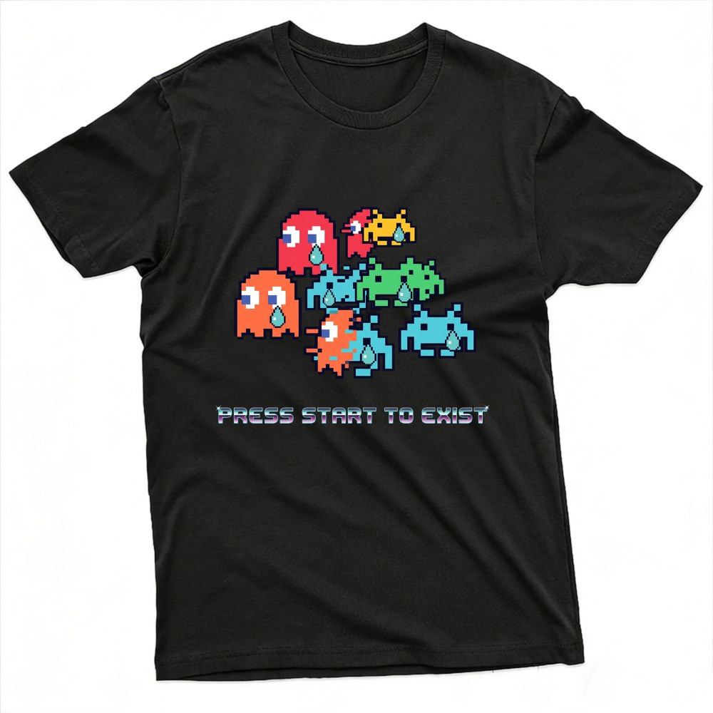 Retro Gaming Meme - กดสตาร์ทเพื่อเริ่มต้นการเล่น เสื้อยืดคอกลมแขนสั้นผ้าฝ้ายลายกราฟิกแนวตลกย้อนยุคพิกเซลสไตล์เกม Space Invaders สำหรับคนรักเกม
