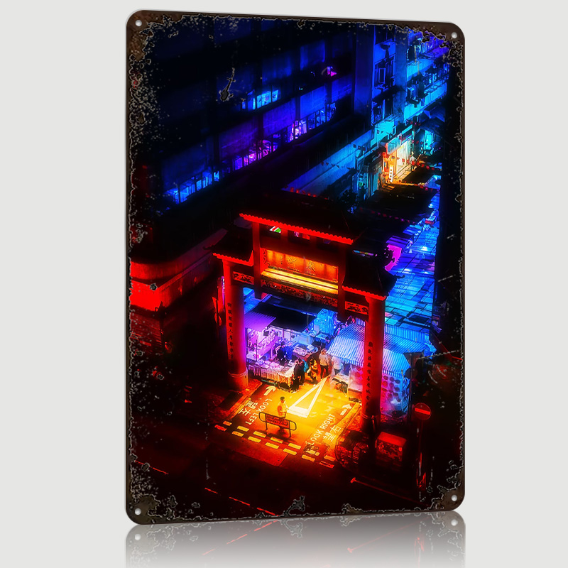 Retro Gaming Market - ป้ายโลหะวินเทจแบบกำหนดเองลายตลาดสีฟ้าฮ่องกง ของตกแต่งผนังสไตล์เรโทร สำหรับตกแต่งห้องนอน ห้องเล่นเกม และบ้าน