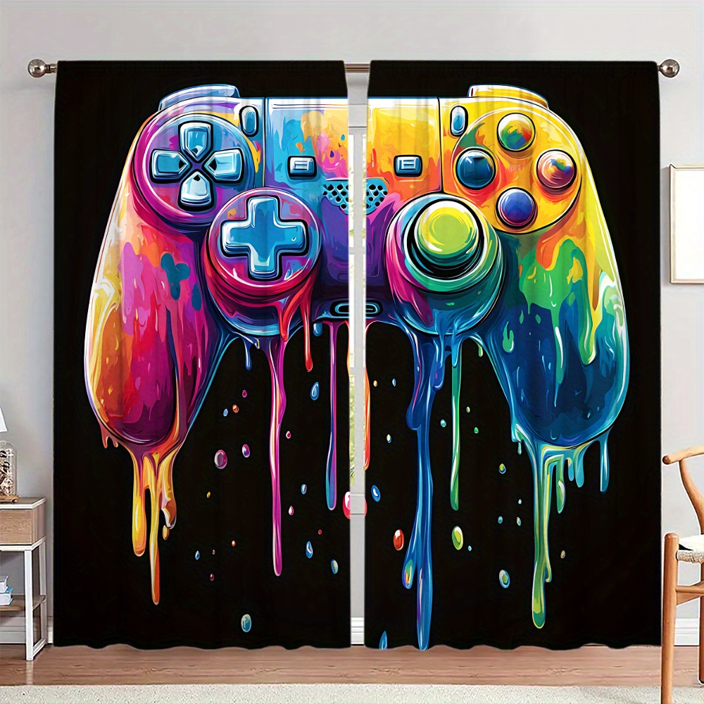 Background Retro Gaming - ผ้าม่านลายเกมย้อนยุค ผ้าม่านป๊อปอาร์ต พื้นหลังสีดำ ตกแต่งห้องแนวเนิร์ด วัฒนธรรมป๊อป ผ้าม่านลายวิดีโอเกมแบบนามธรรม