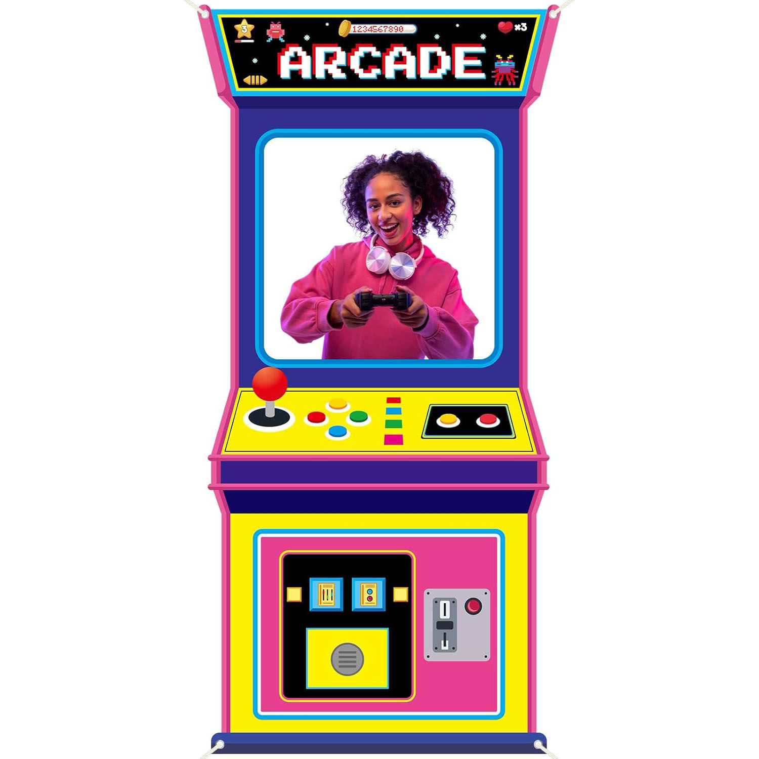 Background Retro Gaming - ฉากหลังถ่ายรูปเกมอาร์เคดสไตล์เรโทร ตกแต่งธีมวิดีโอเกมย้อนยุค ยุค 80s 90s ปาร์ตี้นีออน