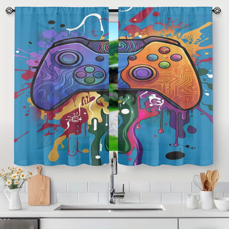 Background Retro Gaming - ม่านตกแต่งห้องสไตล์เรโทร ลายวิดีโอเกม คอนโทรลเลอร์ แผงวงจร วัฒนธรรมป๊อป ผ้าม่านหน้าต่าง