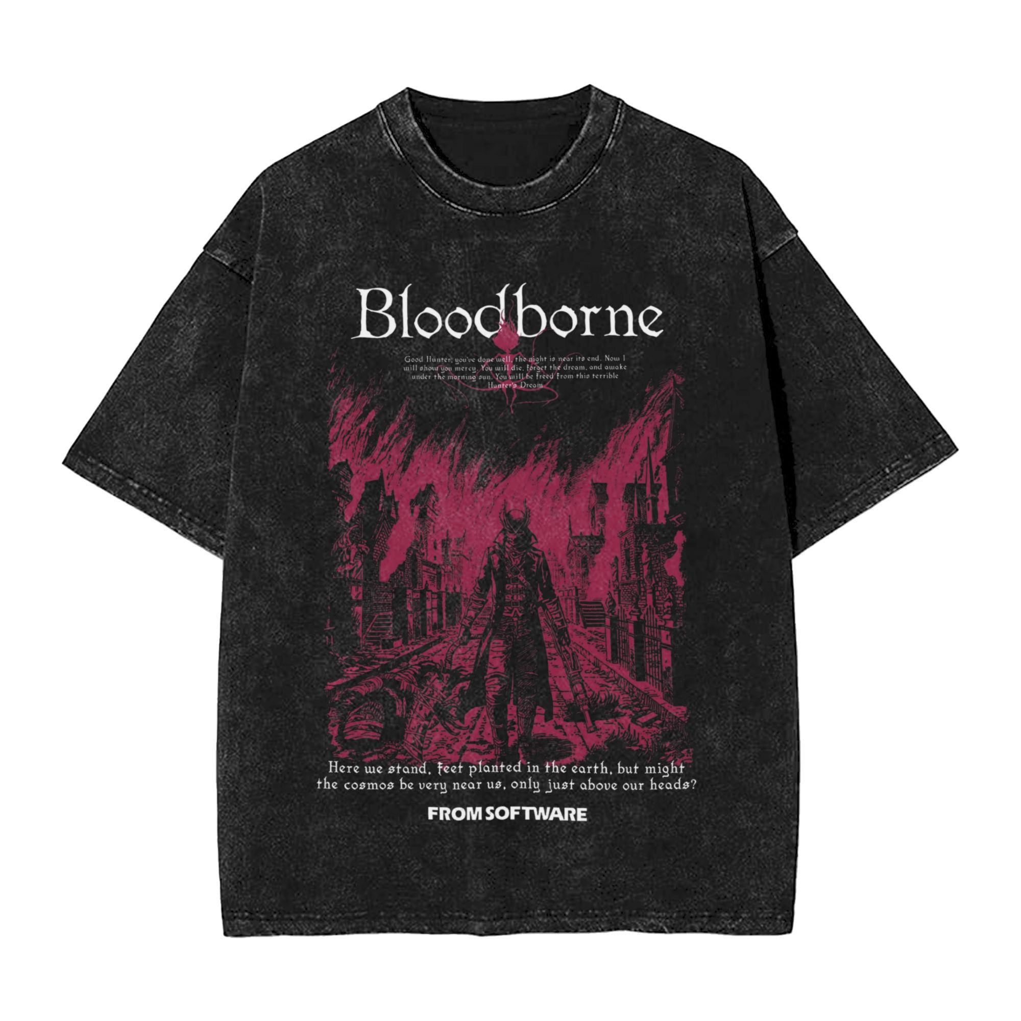 Retro Gaming Theme - เสื้อยืดลายกราฟิกธีมเกม Bloodborne ตำนานคธูลู สไตล์เรโทร ผ้าคอตตอนฟอกสี สำหรับผู้ชายและผู้หญิง
